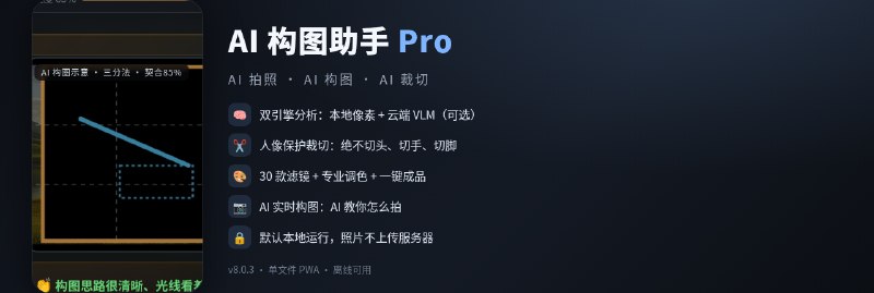 AI 构图助手 Pro v8.3.8 · 实景视觉构图生成工具 · AI 拍照 / 构图 / 裁切