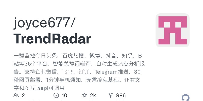 GitHub - joyce677/TrendRadar: 一键监控今日头条、百度热搜、微博、抖音、知乎、B站等35个平台，智能关键词筛选，自动生成热点分析报告。支持企业微信、飞书、钉钉、Telegram推送，30秒网页部署，1分钟手机通知，无需编程基…