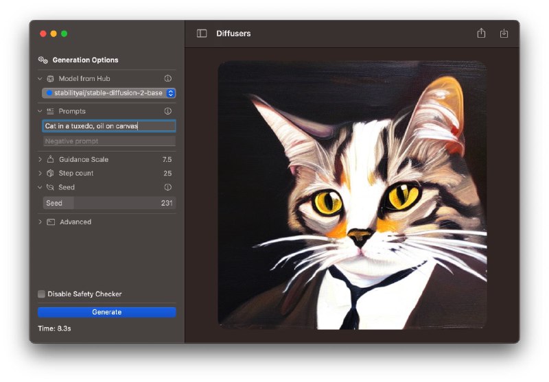 #AI #mac适用于 Mac 的文本到图像工具Diffusers 应用程序由 Python 和 PyTorch 编写的，并使用模块化设计来训练和运行扩散模型