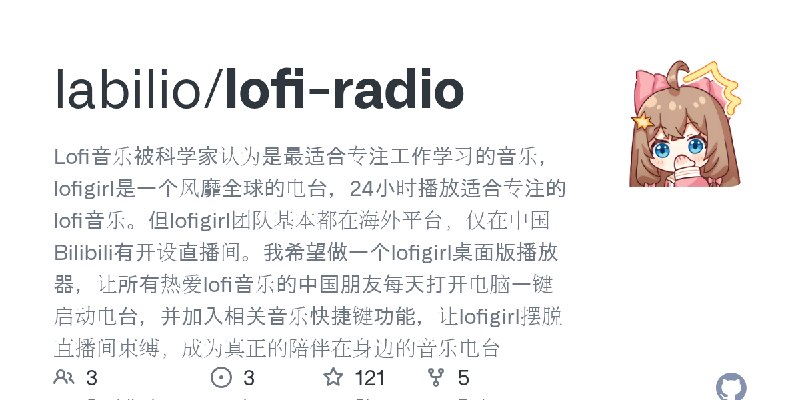 GitHub - labilio/lofi-radio: Lofi音乐被科学家认为是最适合专注工作学习的音乐，lofigirl是一个风靡全球的电台，24小时播放适合专注的lofi音乐。但lofigirl团队基本都在海外平台，仅在中国Bilibili有开…