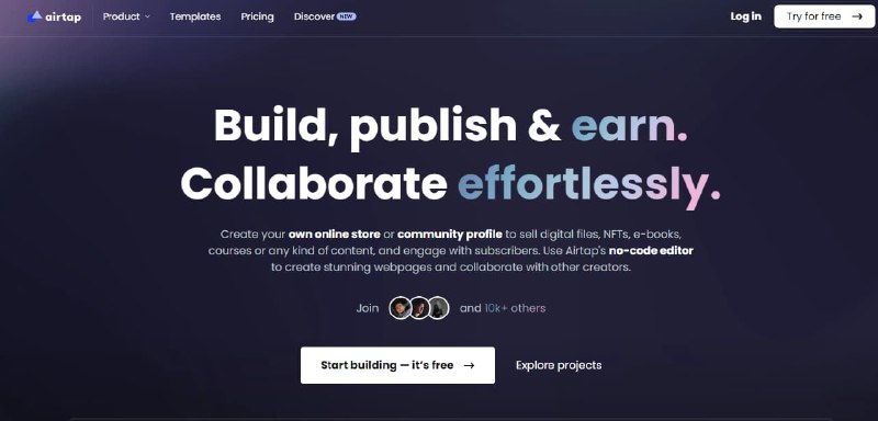 #无代码 #网址 #网站使用airtap无代码设计构建网页产品airtap是一家集构建、发布、创作网赚于一体的平台，并提供社区交流及项目展示在构建编辑器中也能找到官方提供的多种模版在社区可发现不同创作者发布的项目，免费用户可创建3个项目及使用免费的模版官网：