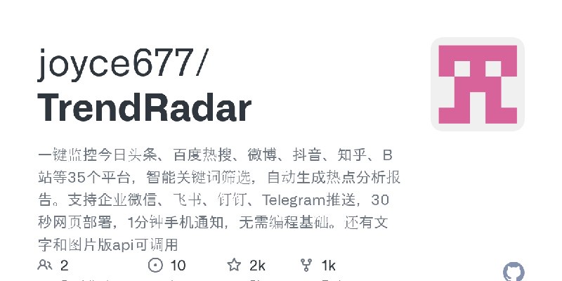 GitHub - joyce677/TrendRadar: 一键监控今日头条、百度热搜、微博、抖音、知乎、B站等35个平台，智能关键词筛选，自动生成热点分析报告。支持企业微信、飞书、钉钉、Telegram推送，30秒网页部署，1分钟手机通知，无需编程基…