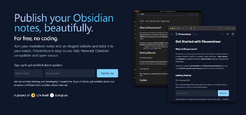 #Obsidian使用Flowershow制作自己的知识库网站Flowershow是一个专为Obsidian打造的开源工具，可轻松将Markdown文件转换为优雅的网站