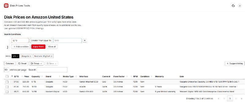 Disk Price Tool - Compare HDD & SSD Prices and Specs