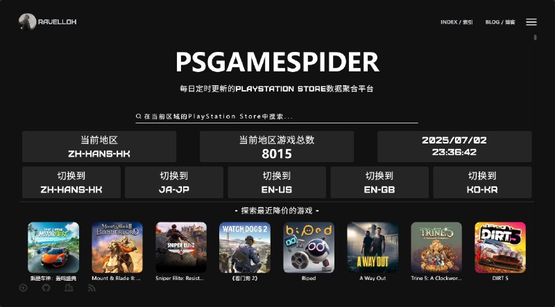 GitHub - RavelloH/PSGameSpider: 自动爬取所有PlayStationStore中的所有游戏信息，包括封面、描述、价格、评分等，生成网页并索引 # # # Automatically crawl all game infos…