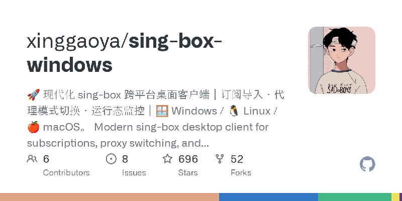 GitHub - xinggaoya/sing-box-windows: 🚀 现代化 sing-box 跨平台桌面客户端｜订阅导入・代理模式切换・运行态监控｜🪟 Windows / 🐧 Linux / 🍎 macOS。 Modern sing-box desktop…
