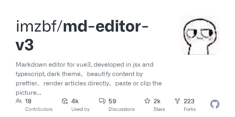 GitHub - imzbf/md-editor-v3: Markdown editor for vue3, developed in jsx and typescript, dark theme、beautify content by prettier、render…