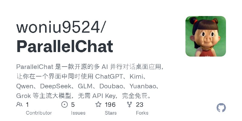GitHub - woniu9524/ParallelChat: ParallelChat 是一款开源的多 AI 并行对话桌面应用，让你在一个界面中同时使用 ChatGPT、Kimi、Qwen、DeepSeek、GLM、Doubao、Yuanbao、Grok…