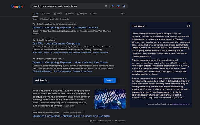 #AI #扩展 #脚本Eva -搜索引擎下的AI支持Eva是一款新的浏览器插件，支持你在搜索引擎中添加AI的支持，有You chat和Chat gpt两种模式，同时支持必应搜索及谷歌搜索，已支持百度搜索它会根据你搜索的关键词来介绍，如你搜的是某一网站，则会对这一网站做一个AI下的介绍值得注意的是You chat模式下不需要你登录，而Chat gpt模式中需要你登录过open ai才可以安装：