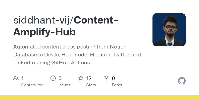 GitHub - siddhant-vij/Content-Amplify-Hub: Automated content cross posting from Notion Database to Dev.to, Hashnode, Medium, Twitter…