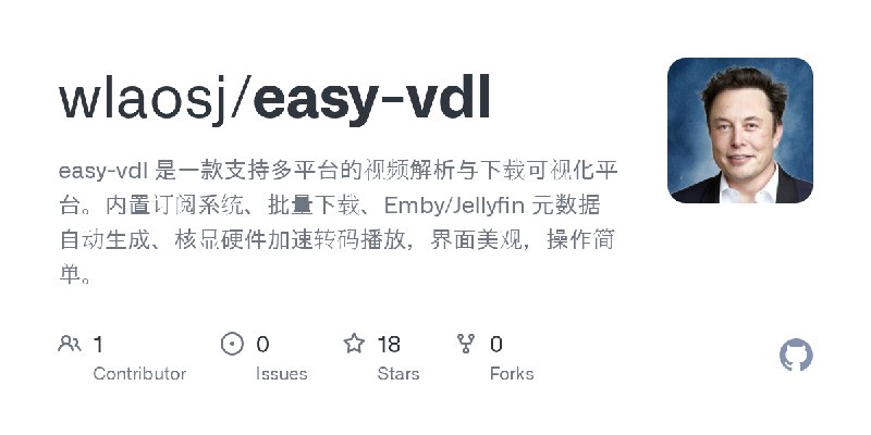 GitHub - wlaosj/easy-vdl: easy-vdl 是一款支持多平台的视频解析与下载可视化平台。内置订阅系统、批量下载、Emby/Jellyfin 元数据自动生成、核显硬件加速转码播放，界面美观，操作简单。