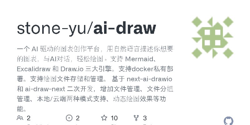 GitHub - stone-yu/ai-draw: 一个 AI 驱动的图表创作平台，用自然语言描述你想要的图表，与AI对话，轻松绘图。支持 Mermaid、Excalidraw 和 Draw.io 三大引擎。支持docker私有部署。支持绘图文件存储和管理。…
