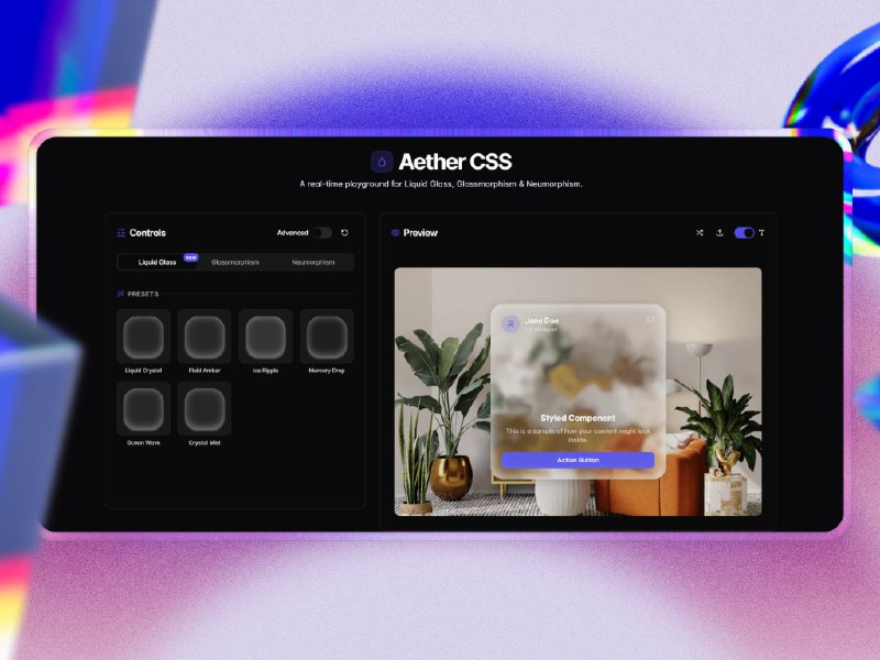 Aether CSS - Liquid Glass - Glassmorphism - Neumorphism CSS Generator