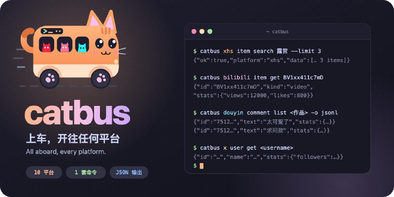 GitHub - cv-cat/catbus: 一个命令操作小红书、抖音、TikTok、B 站、快手、微博、闲鱼、淘宝、京东、X：统一的命令与 JSON 输出，给人和 AI Agent 用