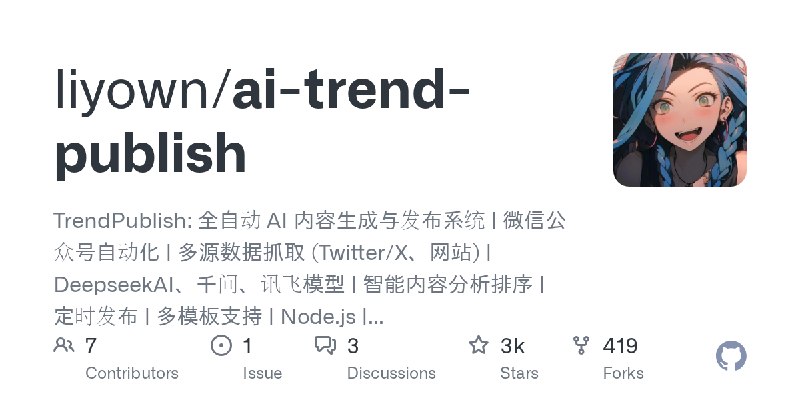 GitHub - liyown/ai-trend-publish: TrendPublish: 全自动 AI 内容生成与发布系统 | 微信公众号自动化 | 多源数据抓取 (Twitter/X、网站) | DeepseekAI、千问、讯飞模型 | 智能内容分析排序…