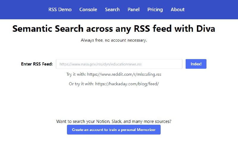 #RSS #Notion #Slack #Bookmarks一种聚合索引服务，可将来自你自己添加的Notion页面、Slack频道、RSS源、浏览器书签进行统一搜索，目前官方免费版支持添加3个资源，并可实时同步官网：