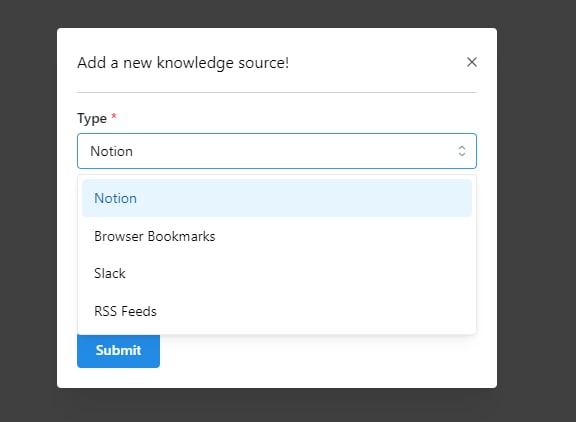 #RSS #Notion #Slack #Bookmarks一种聚合索引服务，可将来自你自己添加的Notion页面、Slack频道、RSS源、浏览器书签进行统一搜索，目前官方免费版支持添加3个资源，并可实时同步官网：